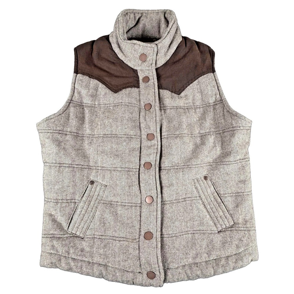 CI SONO Vest Womens Large Gray Tweed Herringbone Puffer Snap Front Pockets